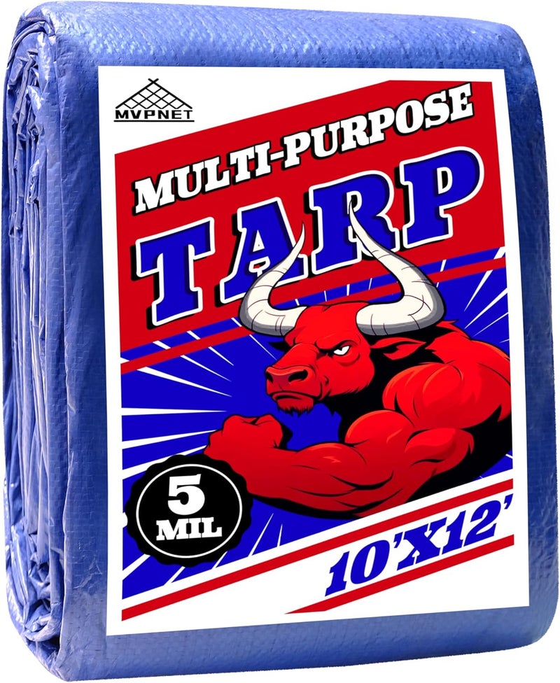 MVPNET Tarp 10x12 ft 100% Waterproof Uv Resistant High Durability Multipurpose 5mil Blue Tarp for Covering Courtyards, Cars, Camping, Gardens, Pet Nests -by - Image 1